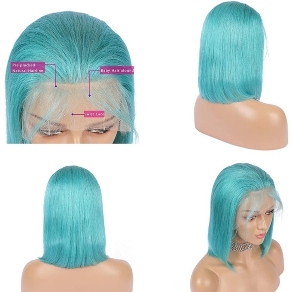 12” SHORT BLUE BOB HUMAN HAIR STRAIGHT LACE-FRONT